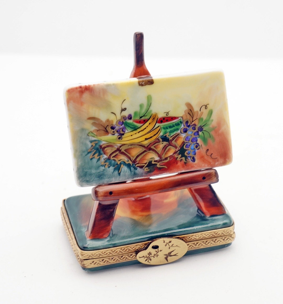 Authentic French Porcelain Hand Painted Limoges Trinket Box Easel Still Life Fruits Painting