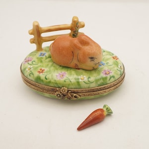 Easter Bunny Rabbit on Floral Box with Removable Carrot Authentic French Limoges Trinket Box