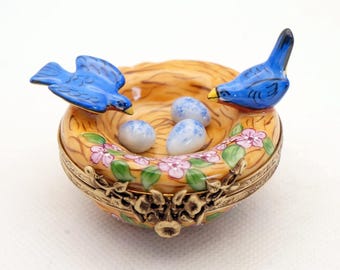 Hand Painted Limoges Box: French Porcelain Love Birds Nest with Blue Eggs