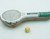 Authentic French Porcelain Hand Painted Limoges Box Tennis Racket with Removable Porcelain Tennis Ball
