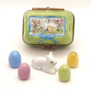 Easter Egg Carton with Bunny Chick and Removable Easter Eggs and Bunny Authentic French Porcelain Hand Painted Limoges Box