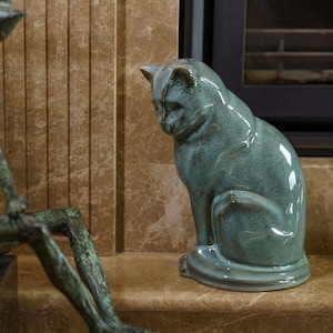 Ceramic Cat Statue Urn for Cat Ashes ~ Pet Memorial Urn with Personalized Nameplate ~ Cremation Cat Urn | Neko - Oily Green Melange