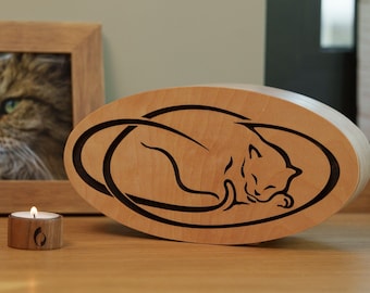 Wooden Pet Urn with Resting Cat ~ Handmade Pet Urn For Ashes ~ Cat Loss Personalized Urn ~ Memorial Keepsake Urn For Cats | 4.9 x 9.6 x 3.1