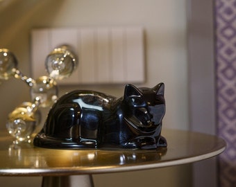 Mini Laying Cat Cremation Urn - Lamp Black / Ceramic / Handmade Pet Urn