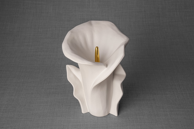 High-quality ceramic cremation urn for human ashes, suitable for home, garden or columbarium. This is a medium size urn. Calla Lily Flower Urn for Ashes. Calla Flower Cremation Urn by Pulvis Art Urns Handcrafted memorial flower urn by Pulvis Art Urns