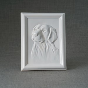 Labrador Retriever Pet Urn for Ashes. This beautiful picture frame portrait urn of a labrador retriever is a unique memorial for a lab dog. Handmade from ceramic, this pet urn for labrador is the ideal resting place for a loved friend. By Pulvis Art