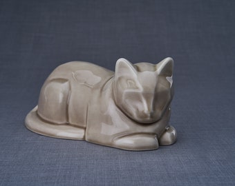Cat Cremation Urn for Ashes - Beige Grey/Ceramic