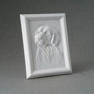 Labrador Retriever Pet Urn for Ashes. This beautiful picture frame portrait urn of a labrador retriever is a unique memorial for a lab dog. Handmade from ceramic, this pet urn for labrador is the ideal resting place for a loved friend. By Pulvis Art