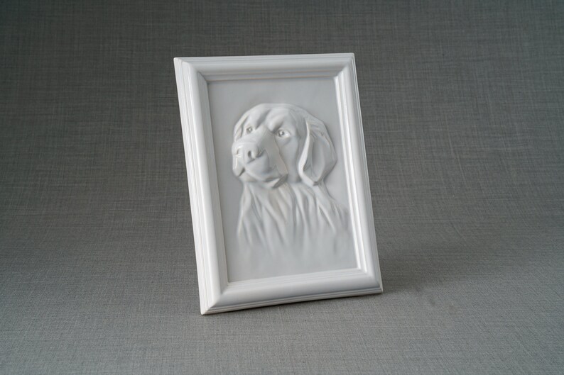 Labrador Retriever Pet Urn for Ashes. This beautiful picture frame portrait urn of a labrador retriever is a unique memorial for a lab dog. Handmade from ceramic, this pet urn for labrador is the ideal resting place for a loved friend. By Pulvis Art