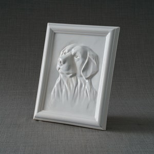 Labrador Retriever Pet Urn for Ashes. This beautiful picture frame portrait urn of a labrador retriever is a unique memorial for a lab dog. Handmade from ceramic, this pet urn for labrador is the ideal resting place for a loved friend. By Pulvis Art