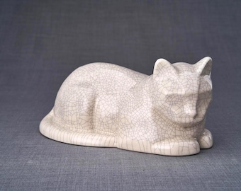 Sleeping Cat Cremation Urn for Ashes ~ Crackle Glaze Ceramic Pet Urn ~ Pet Remains Urn for Memorial Keepsakes  | Craquelure
