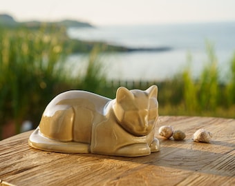 Cat Cremation Urn for Ashes - Beige | Ceramic Cat Memorial
