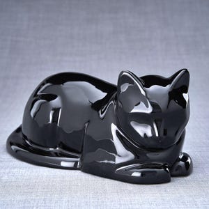 Cat Cremation Urn for Ashes ~ Black Cat Laying Sculpture Urn with Personalization ~ Ceramic Pet Urn | Lamp Black