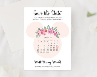 Mickey Floral Calendar Save the Date Cards, Customizable Magical Fairytale Wedding Save the Dates, Simple Mickey Head Wedding Announcements