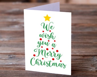 We Wish You a Merry Christmas Cards, Christmas Tree Word Art Cards, Calligraphy Holiday Tree Cards