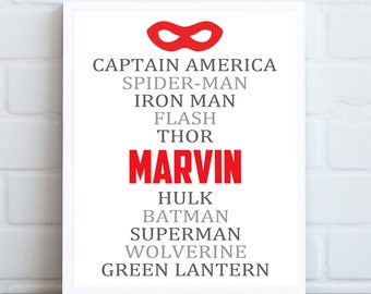 Impresión de superhéroe personalizada, Marvel DC Comics Nombre Arte de pared, Boy Nursery Print, Superhéroe Baby Shower Regalo, Superhéroe Nombre Impresión, Boy Room