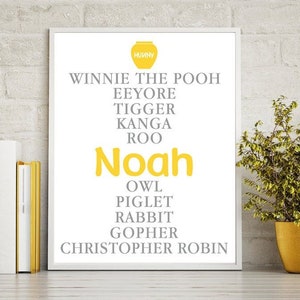 Personalized Winnie the Pooh Baby Nursery Print, Pooh Character Children's Wall Art, Pooh Baby Shower Gift, Gender Neutral Girl Boy Print