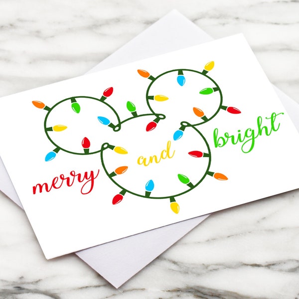 Merry and Bright Mickey Christmas Cards, Christmas Lights Card, Holiday Cards