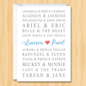 Carte personnalisée de noms de couples de conte de fées, carte d’anniversaire de couples célèbres, carte de mariage / fiançailles, carte de Saint-Valentin