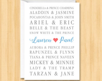 Personalized Fairytale Couples Names Card, Famous Couples Anniversary Card, Wedding Day / Engagement Card, Valentine Card