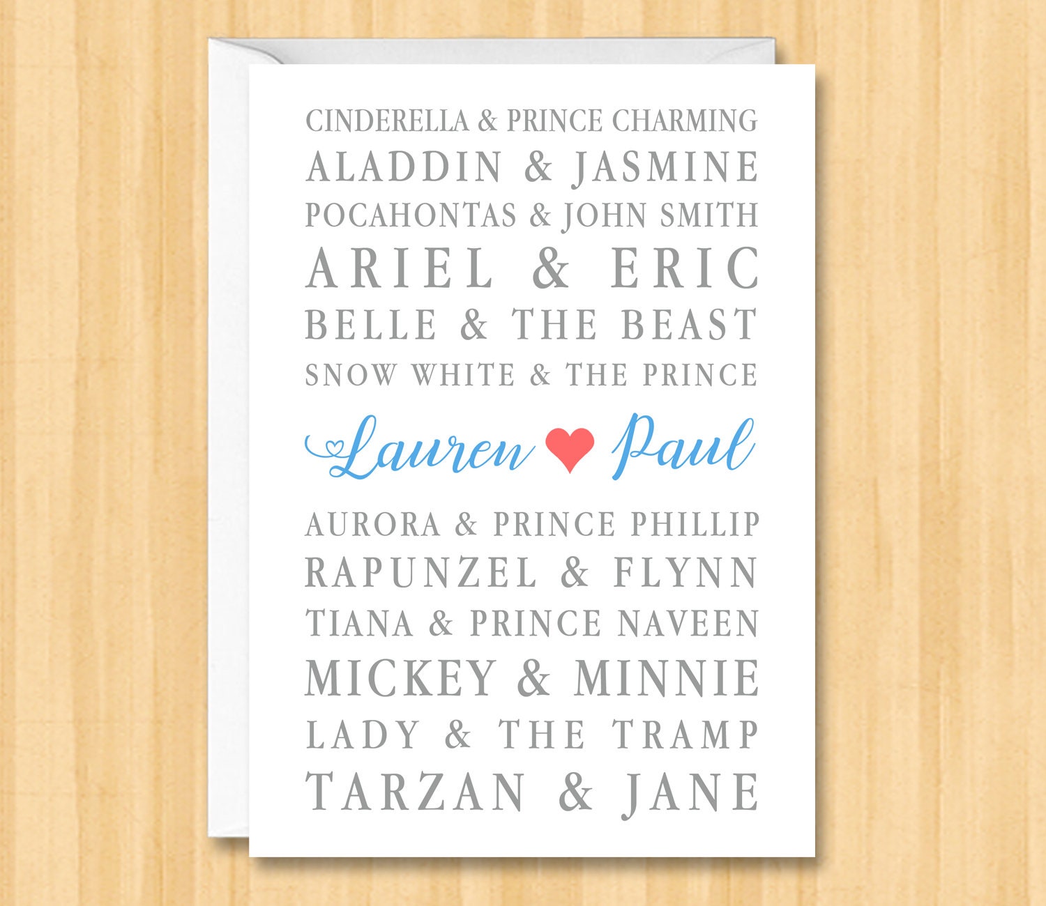 Personalized Fairytale Couples Names Card, Famous Couples Anniversary Card, Wedding Day / Engagement Card, Valentine Card