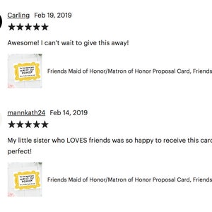 Puede incluir: Dos rese&ntilde;as de clientes para una tarjeta imprimible con el logotipo del programa de televisi&oacute;n "Friends". La tarjeta dice "The One Where You're Maid of Honor". La tarjeta es amarilla con texto negro. Las rese&ntilde;as son positivas.