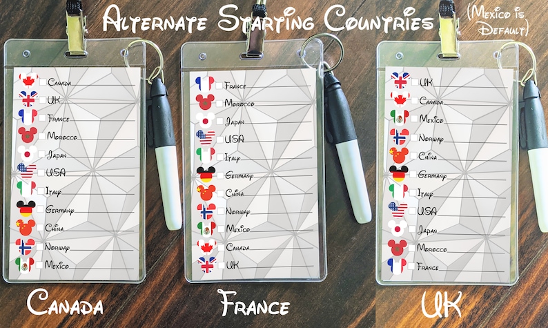 May include: Three white plastic cards with a gray background and a grid pattern. Each card has a different country's flag at the bottom: Canada, France, and UK. Each card has a list of countries with a checkbox next to each country name. The countries listed are Canada, UK, France, Morocco, Japan, USA, Italy, Germany, China, Norway, and Mexico.