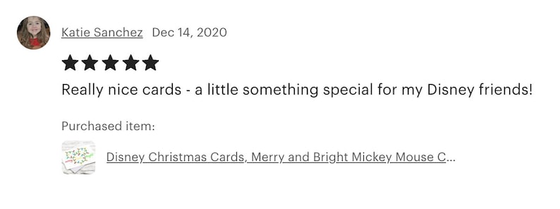 Puede incluir: Cinco estrellas de calificaci&oacute;n para tarjetas de Navidad de Disney con el texto "Really nice cards - a little something special for my Disney friends!" y el nombre del producto "Disney Christmas Cards, Merry and Bright Mickey Mouse C..."