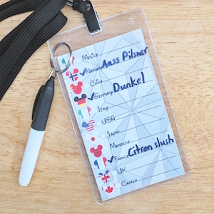 May include: A white plastic card with a grid pattern and a list of countries with their flags and corresponding drinks. The drinks are written in black marker. The card is attached to a black lanyard with a key ring.