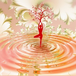 May include: A digital illustration featuring a vibrant red silhouette of a person in a tree pose, positioned at the center of concentric water ripples. The background displays soft, swirling peach and cream fractal patterns resembling clouds.