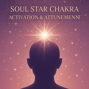May include: An image depicting a person's silhouette with a radiant starburst above their head, set against a purple and pink starry backdrop. The text at the top says "SOUL STAR CHAKRA" and below it "ACTIVATION & ATTUNEMENT".
