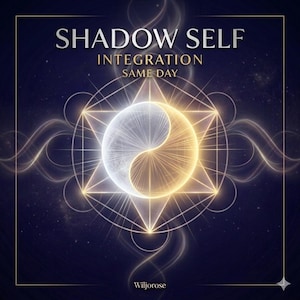 May include: Digital art print with the text "SHADOW SELF INTEGRATION SAME DAY" in white and gold. The image features a glowing yin-yang symbol within a geometric star design, set against a dark blue background with subtle star-like details.