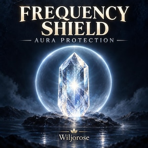 May include: A clear, faceted crystal point stands atop a dark, rocky surface, illuminated by a bright central light. Behind the crystal is a glowing circular orb. The text reads FREQUENCY SHIELD AURA PROTECTION and Wiljorose at the bottom.