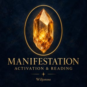 May include: A glowing amber-colored crystal point centered within a thin gold circular frame. Below the crystal, the text reads "MANIFESTATION ACTIVATION & READING" in gold capital letters, followed by a small star symbol and the name "Wiljorose".