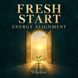 Puede incluir: Un gráfico digital con el texto FRESH START ENERGY ALIGNMENT y Wiljorose. Una puerta arqueada abierta revela un amanecer sobre un paisaje con una pequeña planta verde centrada en el umbral, proyectando largas sombras sobre el suelo oscuro.