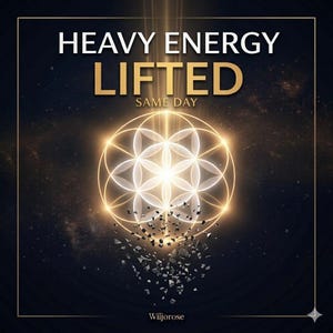 May include: A digital graphic with the text "HEAVY ENERGY LIFTED SAME DAY." A glowing geometric design is at the center, with light radiating outward. Dark background with a scattering of debris at the bottom.