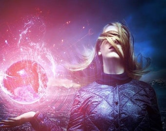 May include: A person wearing a dark quilted jacket with a high collar, their face partially obscured by blonde hair. To the side, a glowing, vibrant pink orb emits light and energy particles against a dark, atmospheric background with a city skyline.