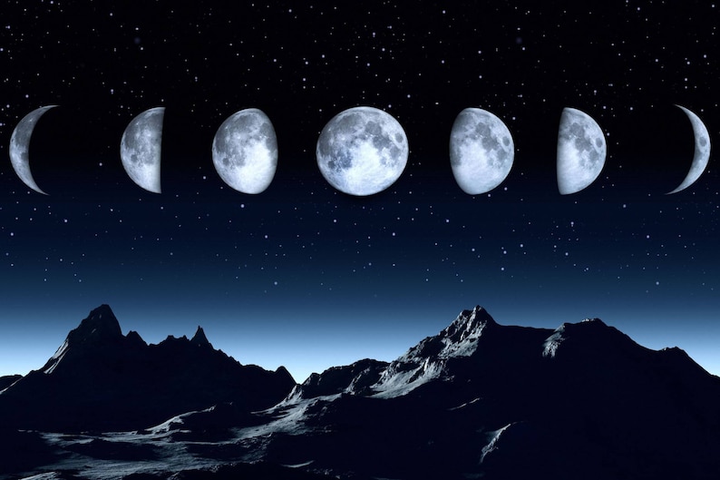 May include: A digital illustration showing the lunar cycle with seven distinct phases of the moon arranged in a horizontal row against a dark blue starry night sky, positioned above a jagged, dark mountain range with a rocky, uneven terrain.