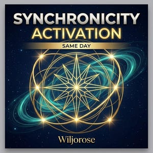May include: A digital graphic with the words "SYNCHRONICITY ACTIVATION" in gold lettering. Below, it reads "SAME DAY". A gold geometric design with a starburst center is surrounded by teal and gold swirling lines, set against a dark blue starry background. The name "Wiljorose" is at the bottom.