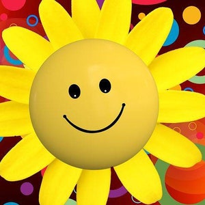 May include: A vibrant cartoon image of a smiling yellow flower. The flower has yellow petals and a round, smiling face. The background is a colourful mix of circles in various sizes and colours.