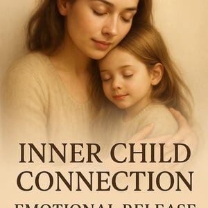 May include: An image of a woman and a child embracing, with closed eyes, conveying a sense of peace. The text "INNER CHILD CONNECTION" and "EMOTIONAL RELEASE PLUS READING" is displayed below the image.