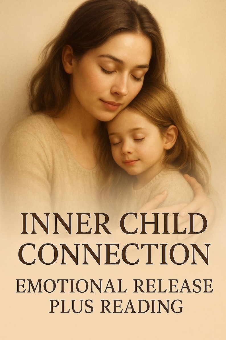May include: An image of a woman and a child embracing, with closed eyes, conveying a sense of peace. The text "INNER CHILD CONNECTION" and "EMOTIONAL RELEASE PLUS READING" is displayed below the image.