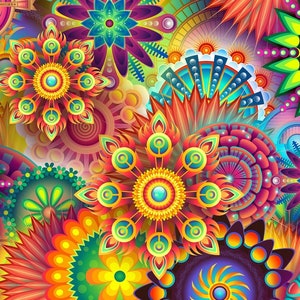 May include: A vibrant digital artwork featuring a kaleidoscope of stylized floral and geometric designs. The artwork showcases a variety of shapes and patterns in a spectrum of bright colours, including red, yellow, green, and blue.
