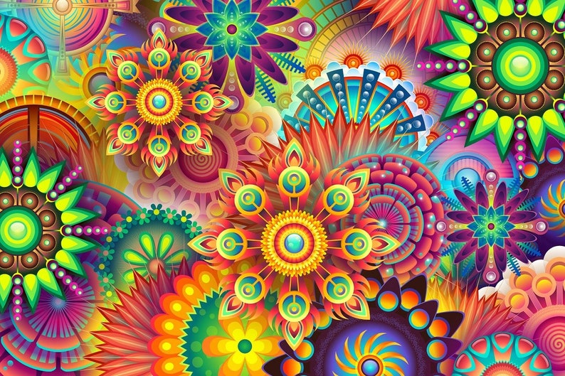 May include: A vibrant digital artwork featuring a kaleidoscope of stylized floral and geometric designs. The artwork showcases a variety of shapes and patterns in a spectrum of bright colours, including red, yellow, green, and blue.