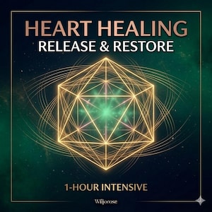 Può includere: Grafica digitale con il testo "HEART HEALING RELEASE & RESTORE" sopra un design geometrico. Il design è una forma dorata sfaccettata con linee radianti, su uno sfondo verde scuro e verde acqua. Il testo "1-HOUR INTENSIVE" è in basso.