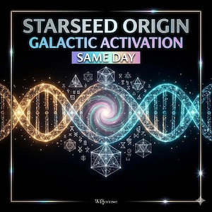 May include: Digital art featuring the text "STARSEED ORIGIN GALACTIC ACTIVATION SAME DAY" in silver and iridescent colors. The design includes glowing DNA strands, geometric shapes, and a swirling galaxy center on a black background.