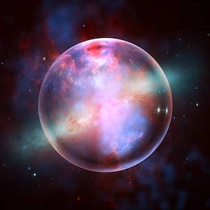 May include: A spherical object resembling a planet or orb, featuring a translucent surface with swirling clouds of vibrant pink, purple, and blue hues. The interior appears to contain glowing light patterns against a dark, deep space background.