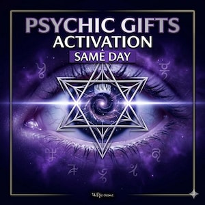 May include: A digital art image featuring a close-up of an eye with a galaxy-like spiral within the pupil. A silver star-shaped design is superimposed over the eye. The text "PSYCHIC GIFTS ACTIVATION SAME DAY" is at the top. Purple tones dominate the image.