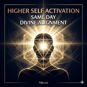 Może przedstawiać: Cyfrowa grafika przedstawiająca sylwetkę osoby z promienistym geometrycznym wzorem. Tekst "HIGHER SELF ACTIVATION SAME DAY DIVINE ALIGNMENT" jest w kolorze złotym na ciemnym tle. Tematyka duchowa.