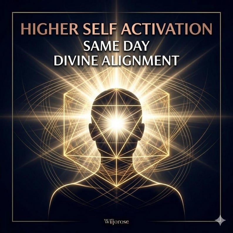 Może przedstawiać: Cyfrowa grafika przedstawiająca sylwetkę osoby z promienistym geometrycznym wzorem. Tekst "HIGHER SELF ACTIVATION SAME DAY DIVINE ALIGNMENT" jest w kolorze złotym na ciemnym tle. Tematyka duchowa.